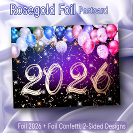 Balloons Confetti Happy New Year Elegante Rose Gol Folien Feiertagspostkarte