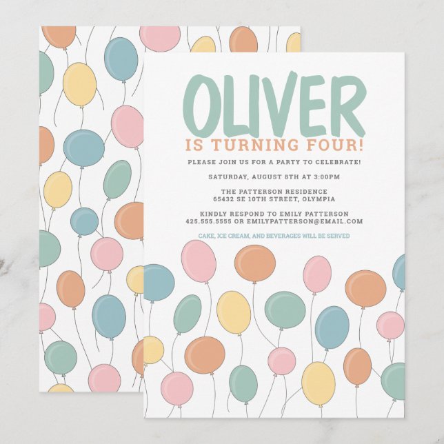 Balloons Einladung zum Geburtstag (Vorne/Hinten)