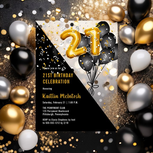 Balloons Elegant Black | Gold 21. Geburtstag Party Acryleinladungen (Balloons Elegant Black and Gold Tone 21st Birthday Party Acrylic Invitations)