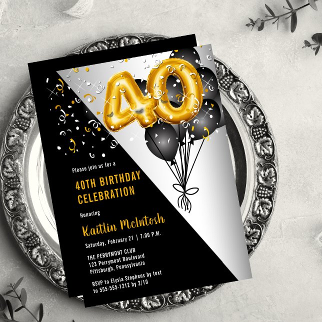 Balloons Elegant Black | Gold 40. Geburtstag Party Einladung (Balloons Elegant Black, Gold and Silver Tone 40th Birthday Party Invitation )