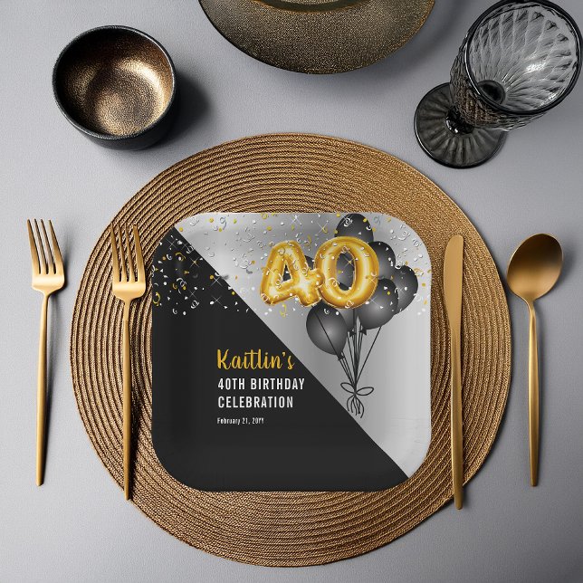 Balloons Elegant Black | Gold 40. Geburtstag Party Pappteller (Elegant Black Balloons and Gold Tone Balloon Numbers 40th Birthday Party Paper Plates)