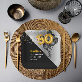 Balloons Elegant Black | Gold 50. Geburtstagsparty Pappteller