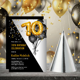 Balloons Elegant Black | Gold 70. Geburtstagsparty Einladung