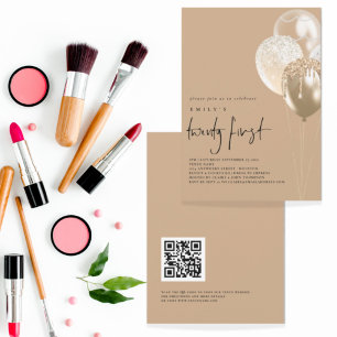 Balloons Gold Ivory QR Code 21. Geburtstag Party Einladung