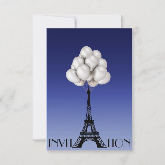 Balloons Paris Eiffel Tower Glam Chic Blue Einladung (Vorderseite)