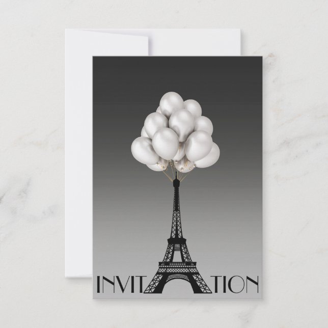 Balloons Paris Eiffel Tower Glam Chic Gray Einladung (Vorderseite)
