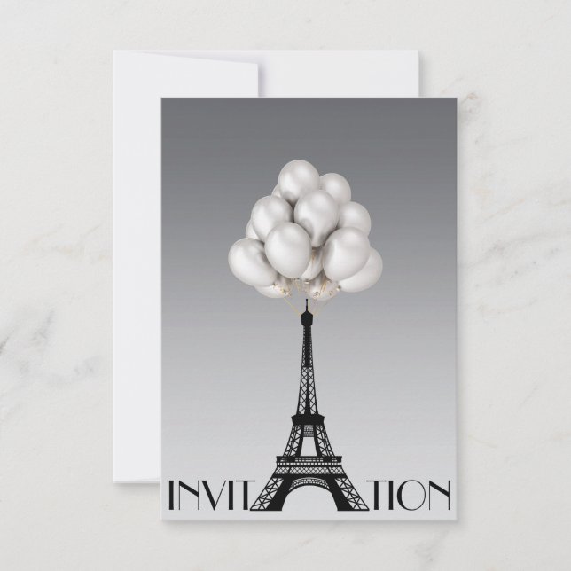 Balloons Paris Eiffel Tower Glam Chic Gray Einladung (Vorderseite)