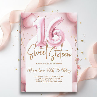 Balloons Pink Gold Arch Kalligraphie Süß 16 Einladung