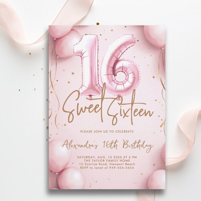 Balloons Pink Gold Kalligraphie Elegant Sweet 16 Einladung (sweet sixteen invitation 16th birthday party pink gold balloons calligraphy glam feminine)