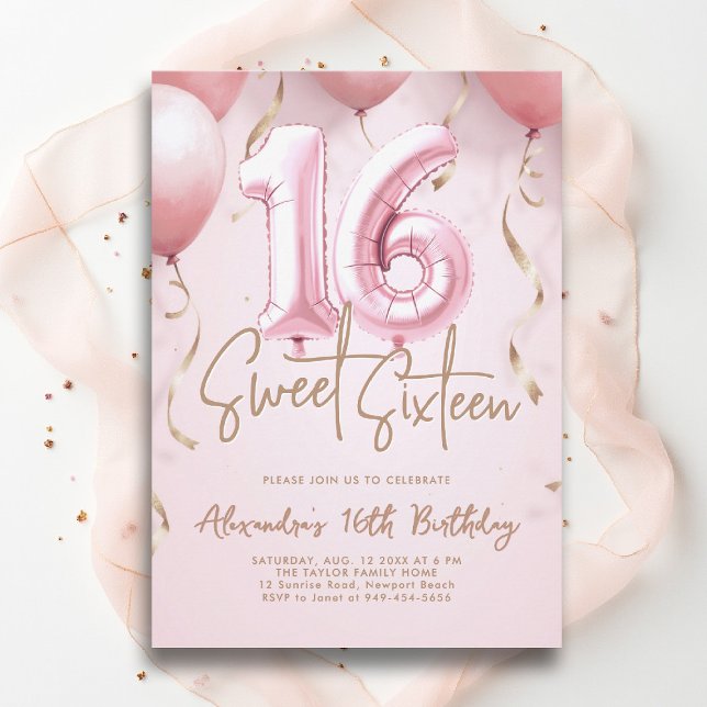 Balloons Pink Gold Moderne Kalligraphie Süß 16 Einladung (sweet sixteen invitation 16th birthday party pink gold balloons calligraphy milestone glam feminine)