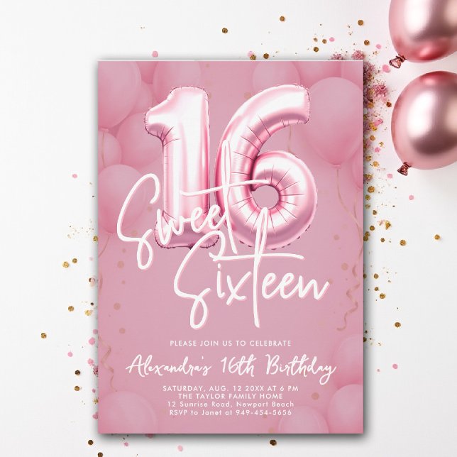 Balloons Pink Moderne Kalligraphie Stilvolle Süße  Einladung (sweet sixteen invitation 16th birthday party pink purple balloons calligraphy milestone glam luxury)