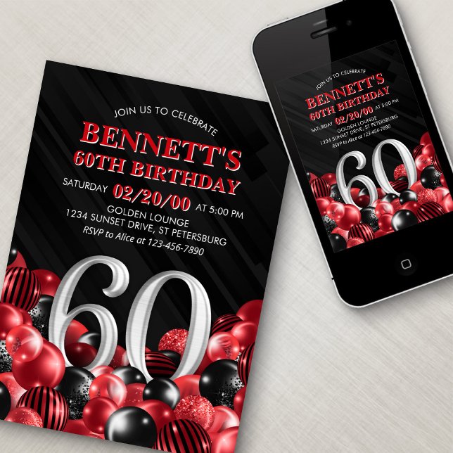 Balloons Red 60. Geburtstag Einladung (Von Creator hochgeladen)