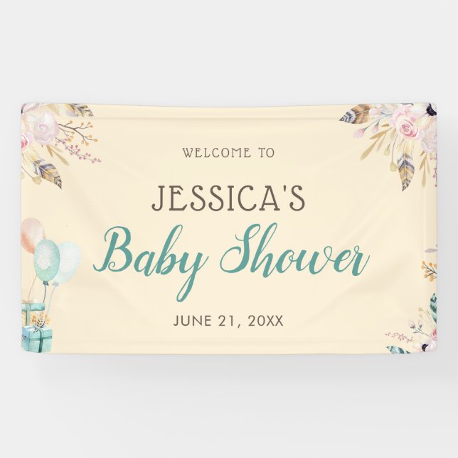 Balloons und Feathers Boho Babydusche Banner (Horizontal)