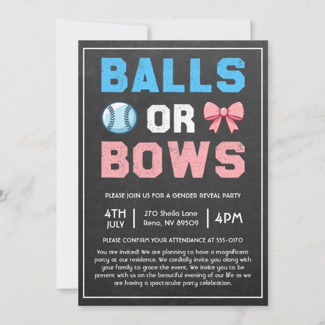 Balls oder Bows Baseball-Genderdarstellung Einladung (Vorderseite)