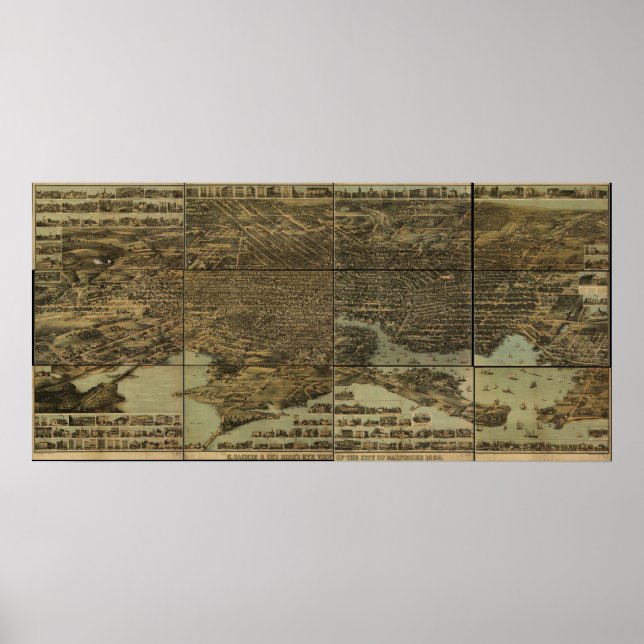 Baltimore Maryland 1870 Antique Panoramakarte Poster (Vorne)