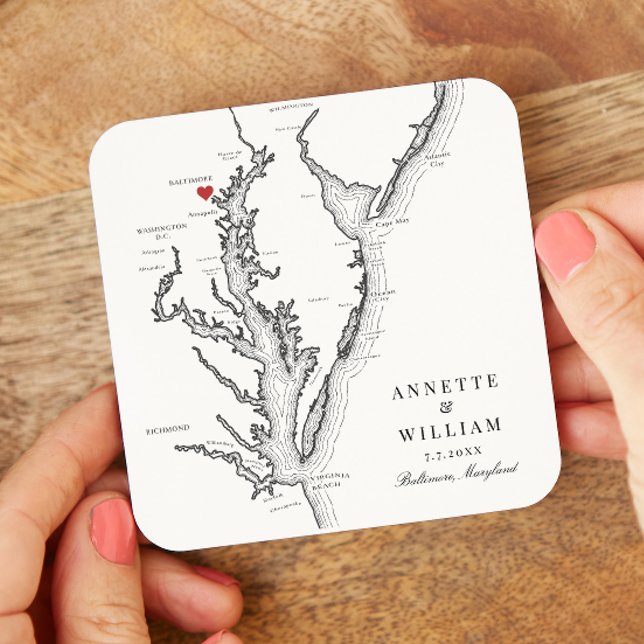 Baltimore Maryland Elegante Schwarz-weiße Hochzeit Rechteckiger Pappuntersetzer (Personalized Baltimore MD Map Drink Coasters for an elegant black and white Maryland wedding)