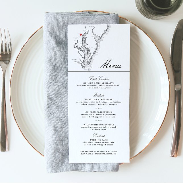 Baltimore Maryland Karte Elegante Schwarz-weiße Ho (Baltimore MD Wedding Menu with Elegant black and white Chesapeake Bay map from Coastal Map Designs)