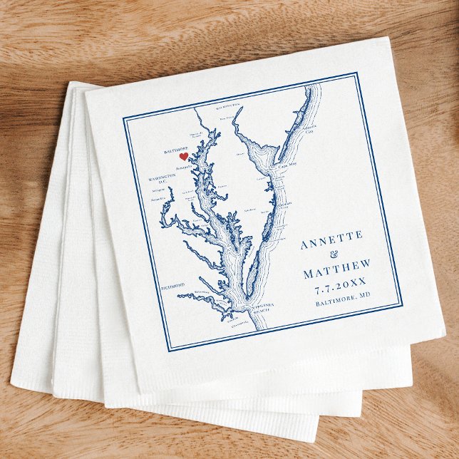 Baltimore Maryland Map Elegant Navy Blue Wedding Serviette (Baltimore Wedding Napkins Personalized Chesapeake Bay Map Napkins in elegant navy blue )