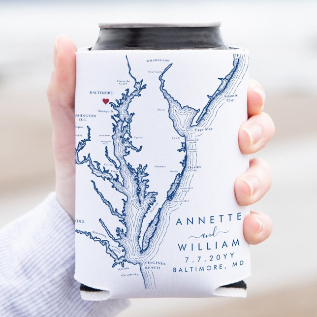 Baltimore Maryland Moderne Wedding Can Cooler Dosenkühler (This Chesapeake Bay map can coozie is the perfect wedding favor for your Baltimore, Maryland wedding)