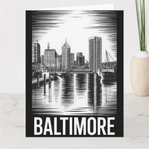 Baltimore Maryland Skyline Schwarz Weiß Holzschnit Karte