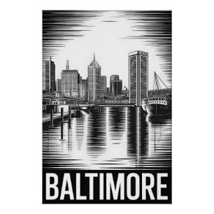 Baltimore Maryland Skyline Schwarz Weiß Holzschnit Poster