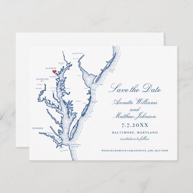 Baltimore Maryland Wedding Elegante Navy Map Save The Date (Vorne/Hinten)