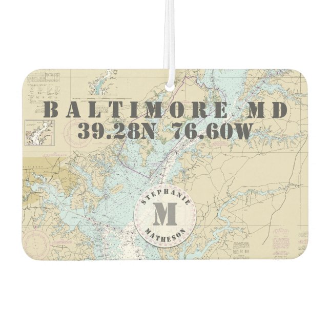 Baltimore MD Nautical Chart Monogram Bootfunktion Autolufterfrischer (Vorderseite)
