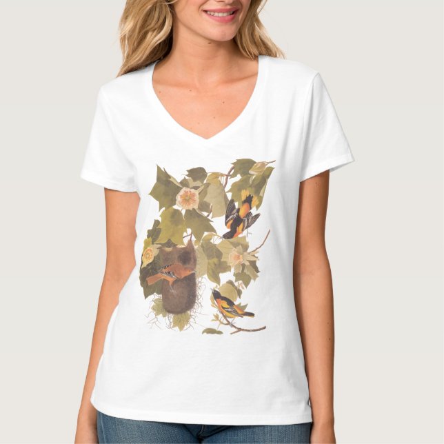 Baltimore Oriole Audubon Bird Familie mit Nest T-Shirt (Vorderseite)