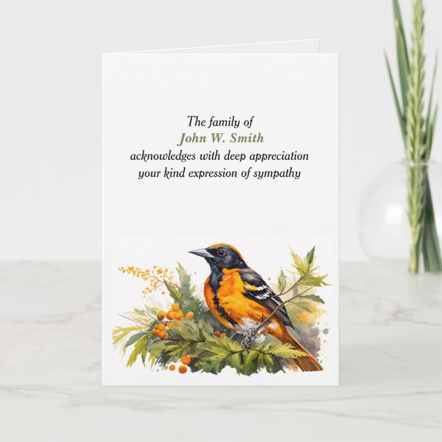 Baltimore Oriole Beileid Vielen Dank an die Famili Karte (Vorderseite)