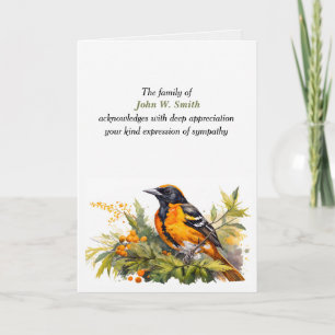 Baltimore Oriole Beileid Vielen Dank an die Famili Karte