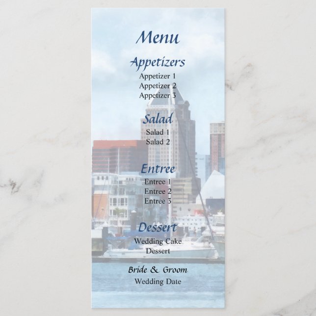 Baltimore Skyline and Harbour Wedding Menu Menükarte (Vorderseite)