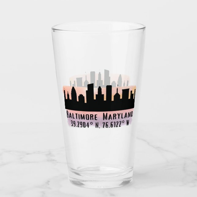 Baltimore Skyline Latitude und Longitude Pint Glas (Vorderseite)