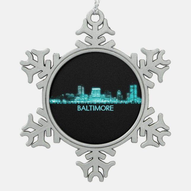 Baltimore Skyline Schneeflocken Zinn-Ornament (Vorderseite)