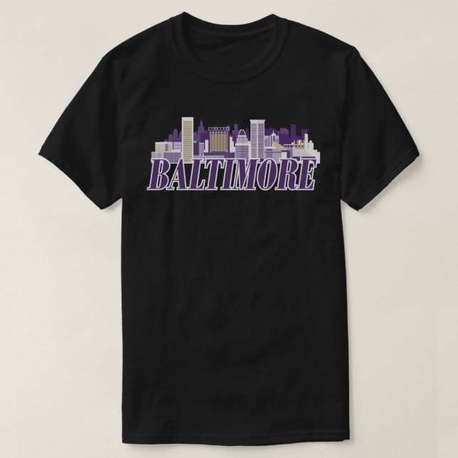Baltimore Skyline Text Lila Gold T-Shirt (Design vorne)