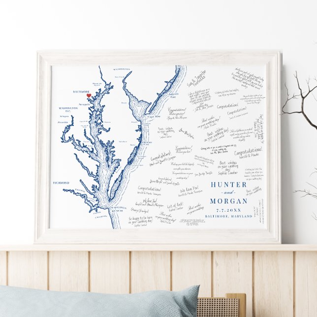 Baltimore Wedding Elegante Karte Gästebuchplakat Poster (Baltimore Maryland Map weddign guest book poster  w/navy blue Chesapeake Bay by Coastal Map Designs)