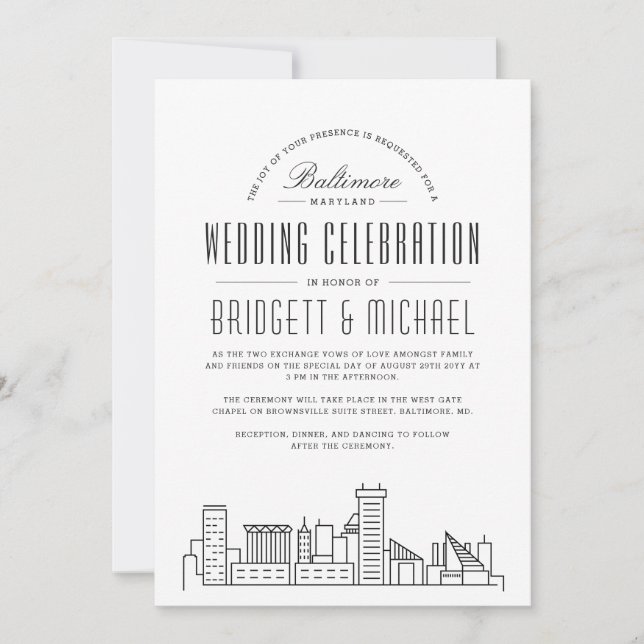 Baltimore Wedding | Moderner Deko Skyline Einladung (Vorderseite)