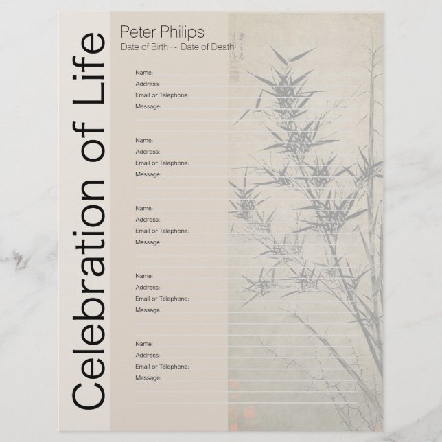 Bamboo 1 Memorial Guest Book Binder Filler Seiten (Vorderseite)