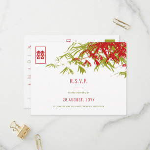 Bamboo Blätter Double Happiness Asian Wedding RSVP Einladungspostkarte