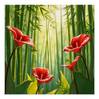 bamboo forest with red callas poster