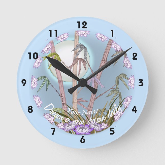 Bamboo Lotus Moon Runde Wanduhr (Vorderseite)