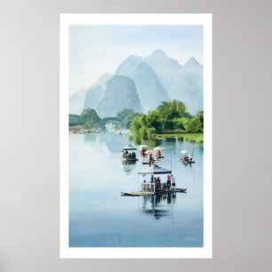 "Bamboo Rafting to Shangri La" China Wasserfarbe Poster