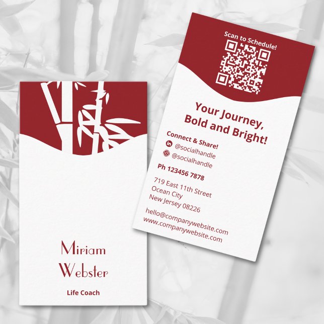 Bamboo Red White Life Coach Portrait Personal Visitenkarte (Bamboo Red White Life Coach Portrait Personal Business Card, QR code, Tagline, Connect)