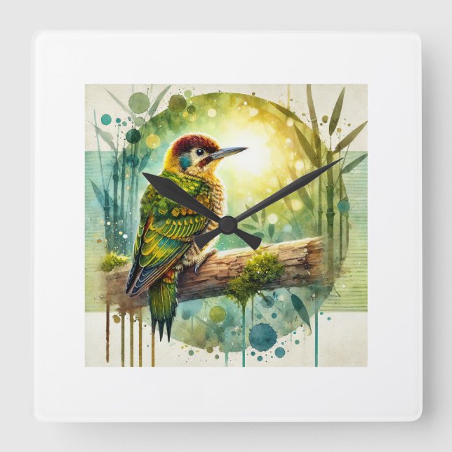 Bamboo woodpecker 110924AREF101 - Watercolor Quadratische Wanduhr (Vorderseite)
