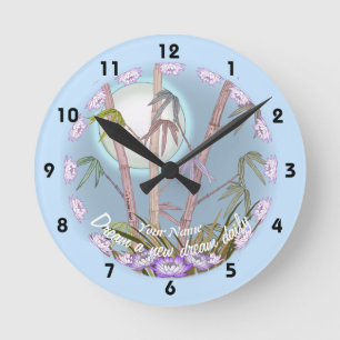 Bambus Lotus Mond Runde Wanduhr