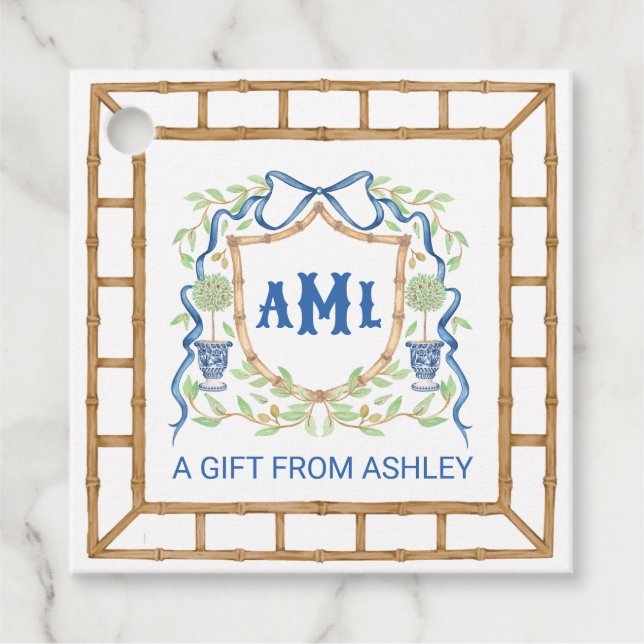 Bambus und Olivenöl Topiary Wappen | Monogramm Geschenkanhänger (Vorderseite)