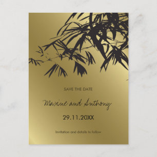 Bambusblätter Schwarz + Gold Save-The-Date-Postkar Ankündigungspostkarte