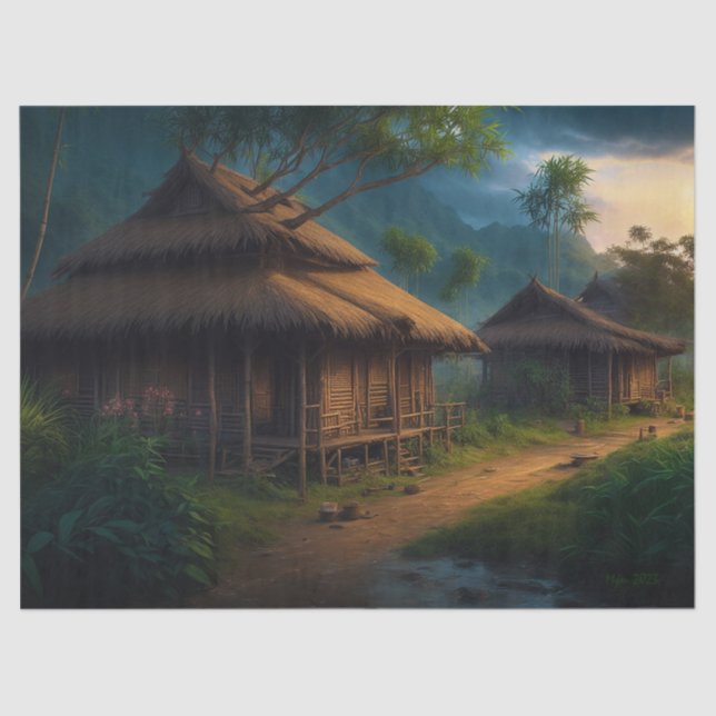 Bambushütte im Dorfzentrum Seidenpapier (Vorderseite)