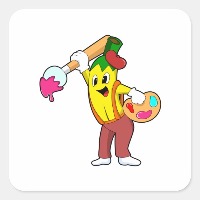 Banana als Maler mit Pinsel Quadratischer Aufkleber (Vorderseite)