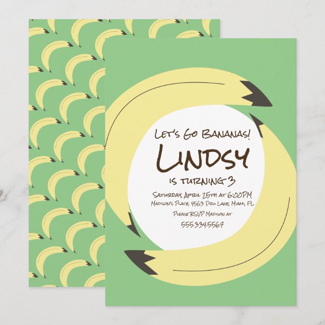Banana Birthday Party Grün Gelb Einladung (Vorne/Hinten)