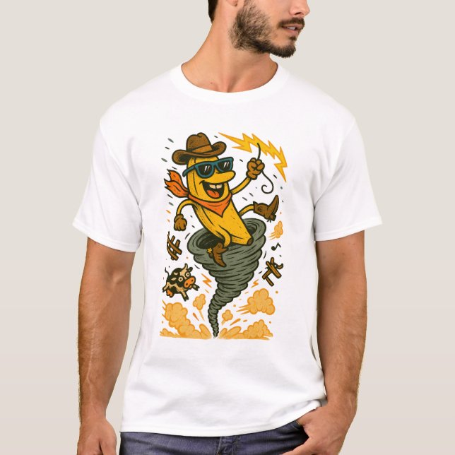 Banana Cowboy Reiten eines Tornados T-Shirt (Vorderseite)